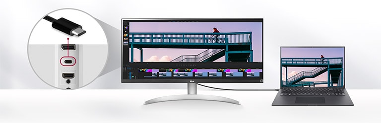 LG 29WQ600 具有 USB Type-C™ 連接埠,可支援DisplayPort Alt Mode。只需使用一條 USB Type-C™ 連接線,即可將完整的 DisplayPort 影像訊號傳輸到外部螢幕,無需專用的螢幕連接線或主動式轉接器。