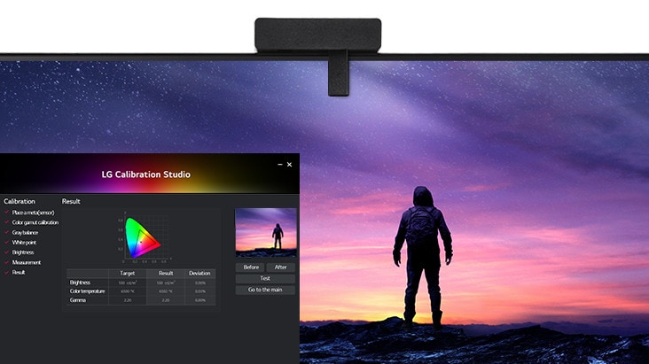 透過色彩校準感應器與LG Calibration Studio內建硬體校色功能，32UQ85RV 可在預約時間進行校準其，輕鬆優化色彩呈現效果。