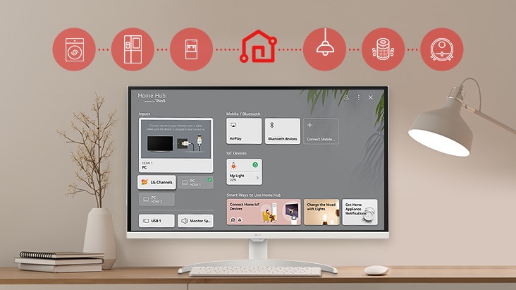 桌上的顯示器螢幕展示主儀表板，畫面頂部顯示著各種家居電器的圖示，例如洗衣機、冰箱、吸塵器等。這些電器均可透過 LG ThinQ® 應用程式來控制。