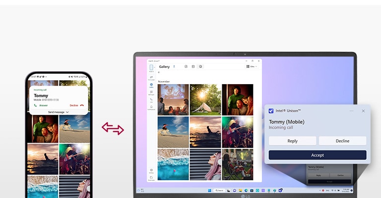 行動裝置和LG gram 連接,輕鬆使用LG gram 來傳輸檔案、測試簡訊及撥打電話。