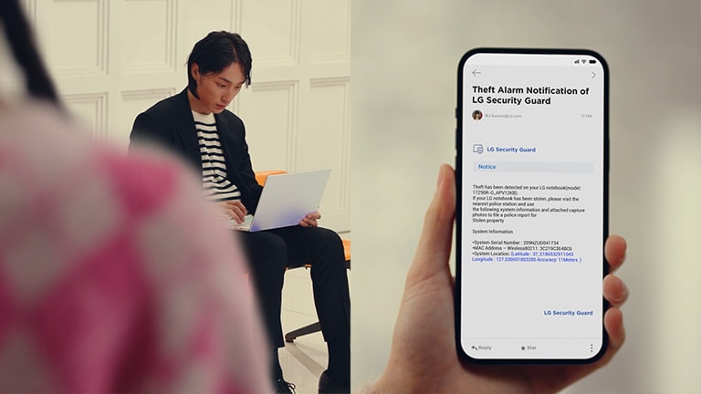 當使用者離開LG gram時,安全防護系統即會啟動,並相使用者發出警示提醒。
