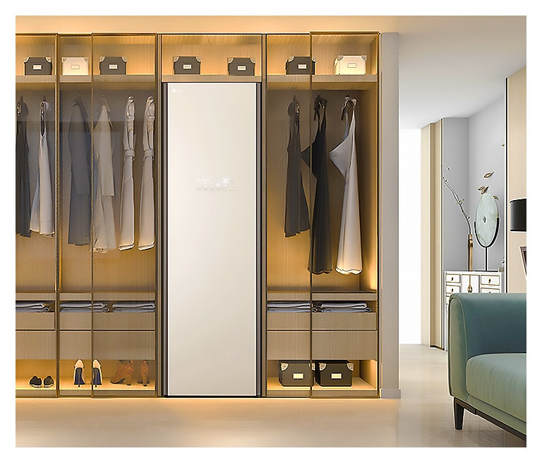 It shows LG Styler Objet Collection stood with built-in closet in dressing room.