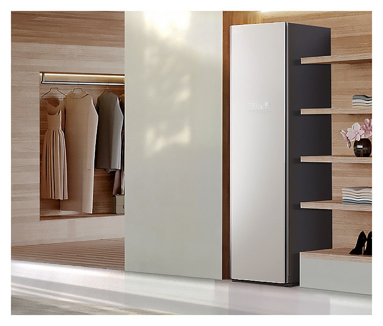 It shows mist beige color LG Styler Objet Collection placed in the dressing room.