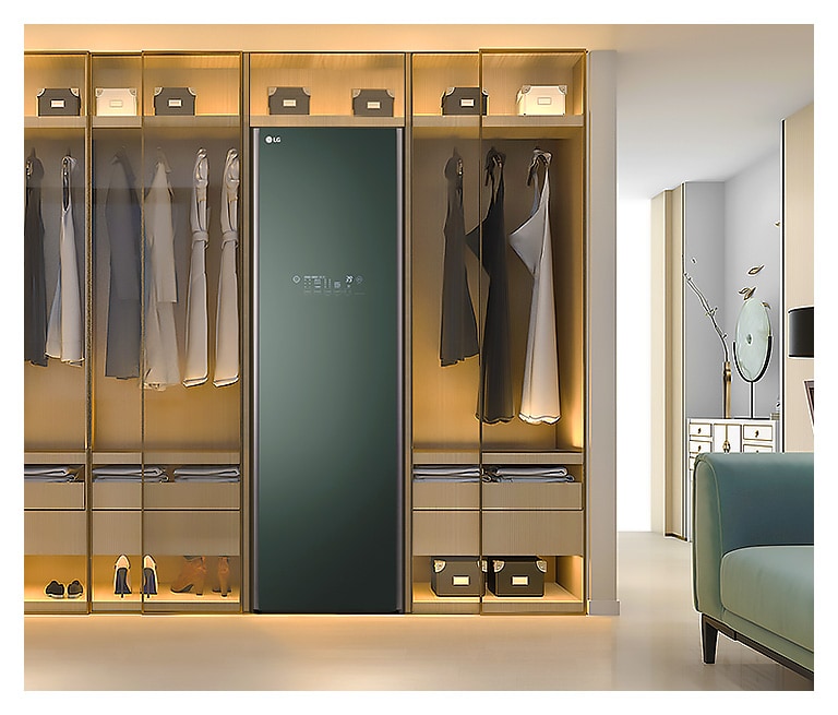 It shows LG Styler Objet Collection stood with built-in closet in dressing room.