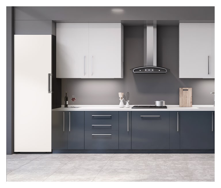 It shows mist beige color LG Freezer Objet Collection is placed in a dark-tone modern kitchen.