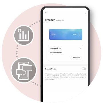 It shows a mobile screen and icons that introduce the functionality of the freezer.