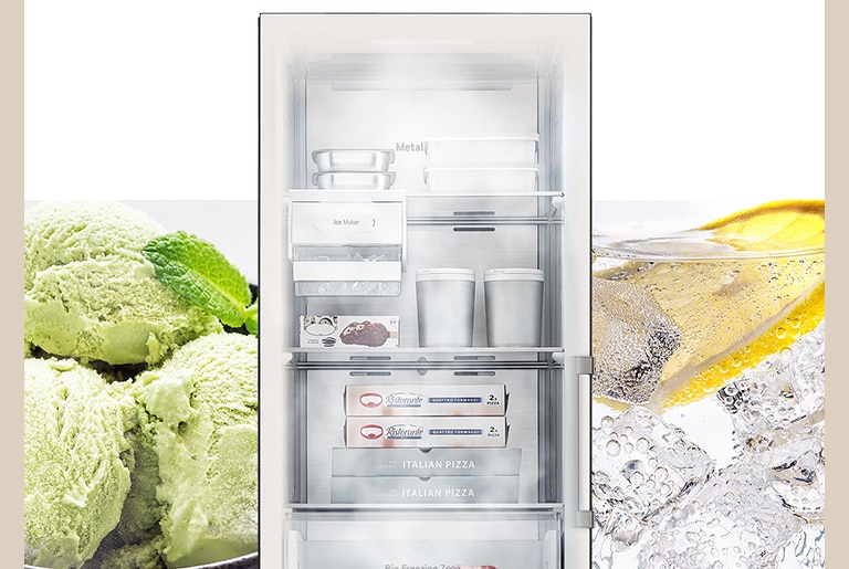 The inside of the product is transparent, cold air comes out, and unmelted ice and ice cream are shown next to the product image.