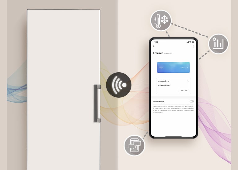 This image shows a mobile phone with a Freezer and a ThinQ screen. Around the mobile phone, icons that introduce ThinQ functions are displayed.