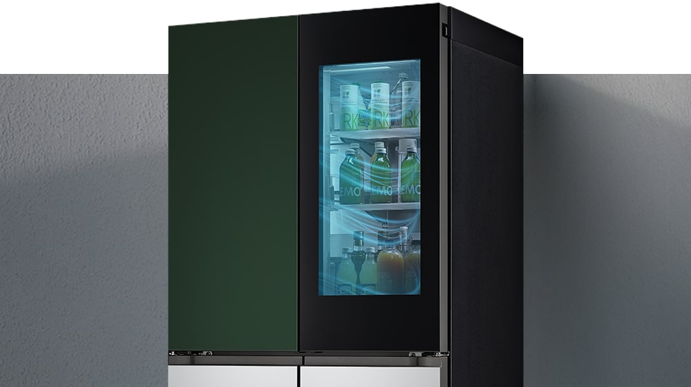 The half-side view of the InstaView refrigerator. This is a picture of a refrigerator filled with cold air.