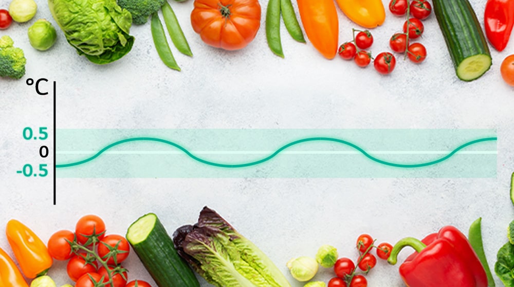 There is a cute blackboard with vegetables. There's a graph in the middle of this board. This graph explains that LG Linear Cooling can reduce the temperature difference in refrigerators.