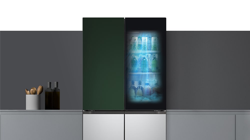 The front view of a black InstaView refrigerator with the light on inside. The contents of the refrigerator can be seen through the InstaView door. Blue rays of light shine down over the contents from the DoorCooling function.