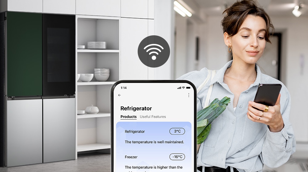 Image on the right shows a woman with a shopping basket looking at her cell phone. Image on the left shows the refrigerator front view. In the center of the images is an icon to show connectivity between the phone and refrigerator.