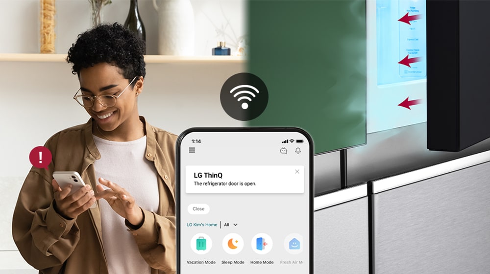 The image on the left shows the woman cooking.The image on the right shows that the refrigerator door has been left open. In the foreground of the two images is the phone screen which shows the LG ThinQ app notifications and the Wifi icon above the phone.