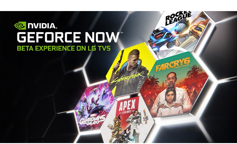 深色背景上帶 GeForce Now 標誌的影像。顯示幾個熱門遊戲的封面圖和標題。