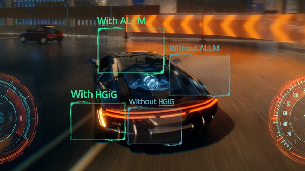 來自賽車遊戲的靜態影像，顯示 HGIG 和 ALLM 提供的畫質比無該功能的畫質更高。