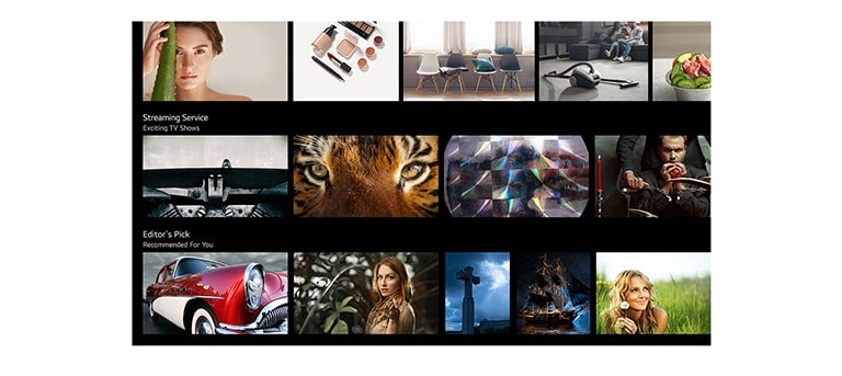 電視螢幕顯示列出與 LG ThinQ AI 所推薦的各種內容