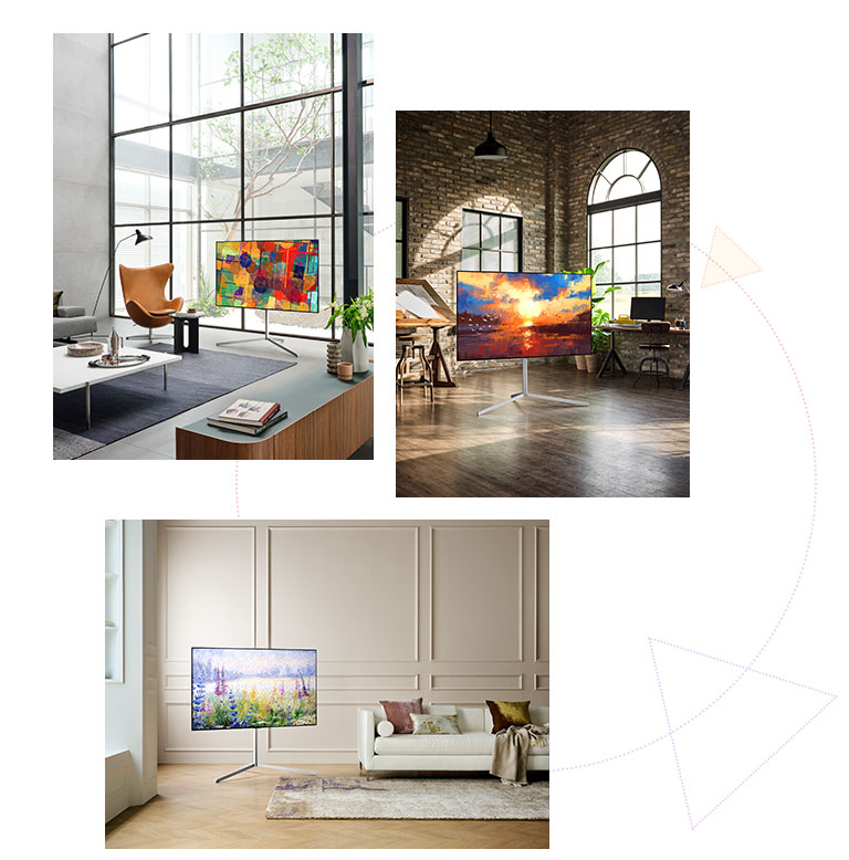 三臺附電視展示架的OLED電視,可在任何地方當作藝術品展示