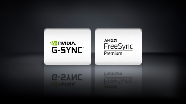NVIDIA G-SYNC 標誌、AMD FreeSync 標誌在黑色背景中水平排列。