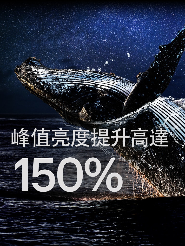 一條鯨魚在黑色背景下從海中躍出。「亮度提升高達 150%」在鯨魚上方出現，並變得更亮。