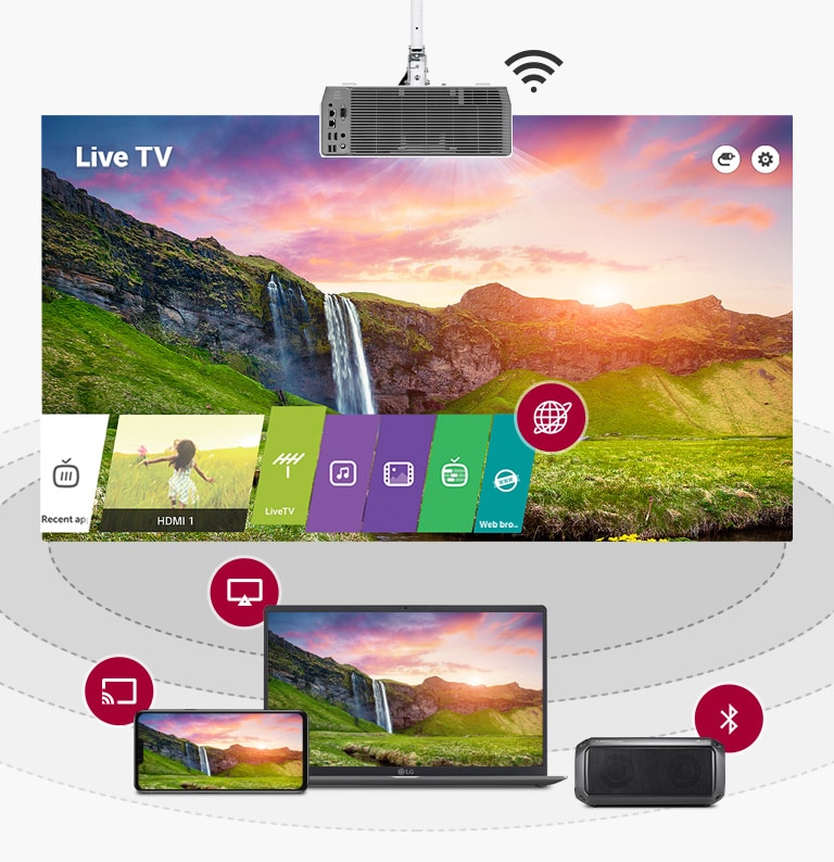 將投影機透過鏡像、Miracast 和藍牙配對與其他裝置連接，以播放電視直播。