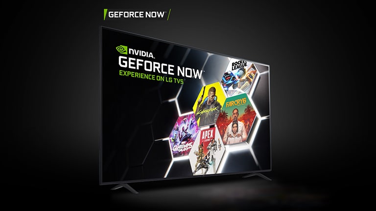 在兩台獨立的 LG UHD 電視上顯示 GEFORCE NOW的圖片,其中包含節目和遊戲。