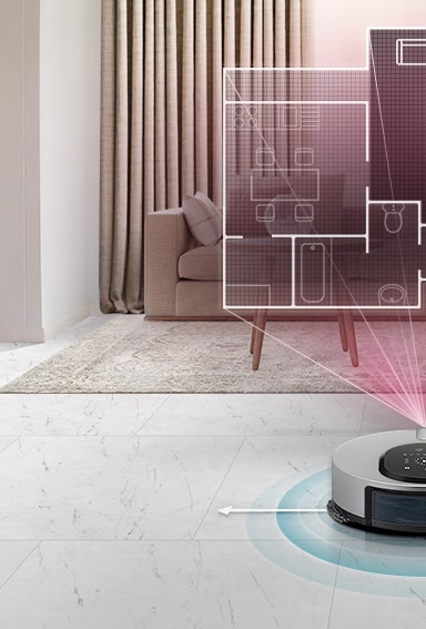 The LG CordZero ThinQ™ M9 is in the center of the picture on the floor of a living room with a couch, tv, table, and rug in the background. A label reading "View Sensor" is on the left and a red light eminates from the machine to create a floor plan showing with the view sensor sees as it works.