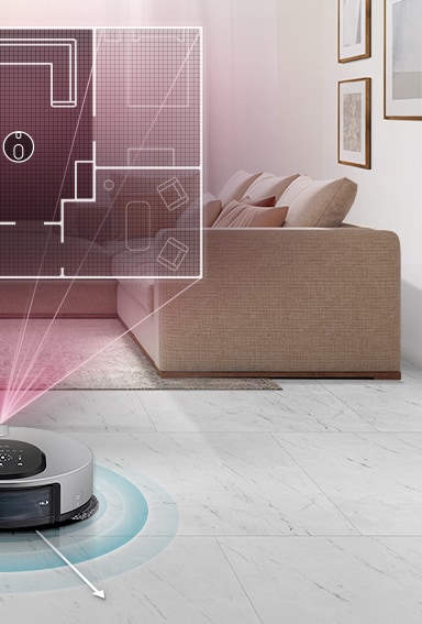 The LG CordZero ThinQ™ M9 is in the center of the picture on the floor of a living room with a couch, tv, table, and rug in the background. A label reading "Distance Sensor" is on the right and a blue light eminates beneath the machine as it notices the distance to locations and the route it should take. There are line arrows that show how the machine can move.