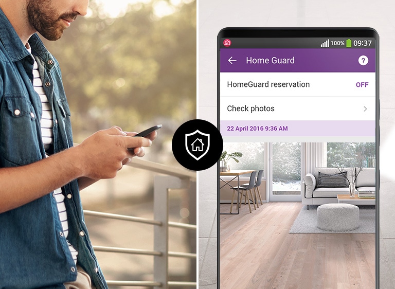 Three icons at the top indicate a carousel of images. The second, labelled HomeGuard, is red. There are two images: the left image shows a man looking down at his phone. The second image is a view of the phone screen that shows a view of the living room where there was movement. An icon in the center shows a house inside of a shield to represent safety.