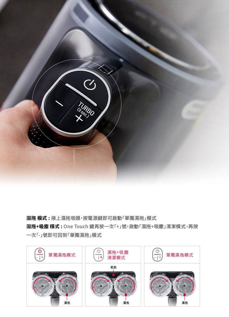 「單獨濕拖」一鍵啟動 可啟動「單獨濕拖」,也可「同時濕拖+吸塵」