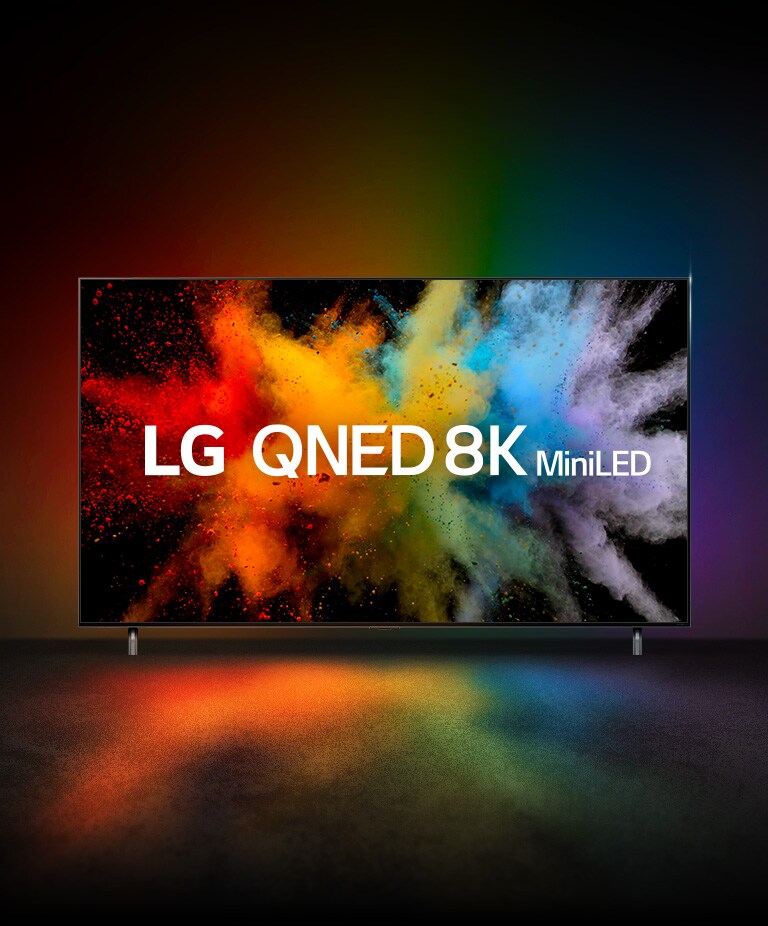 QNED 和 NanoCell 的 Typo-motion 重疊並爆炸成彩色粉末。出現 QNED 8K miniLED 標誌。