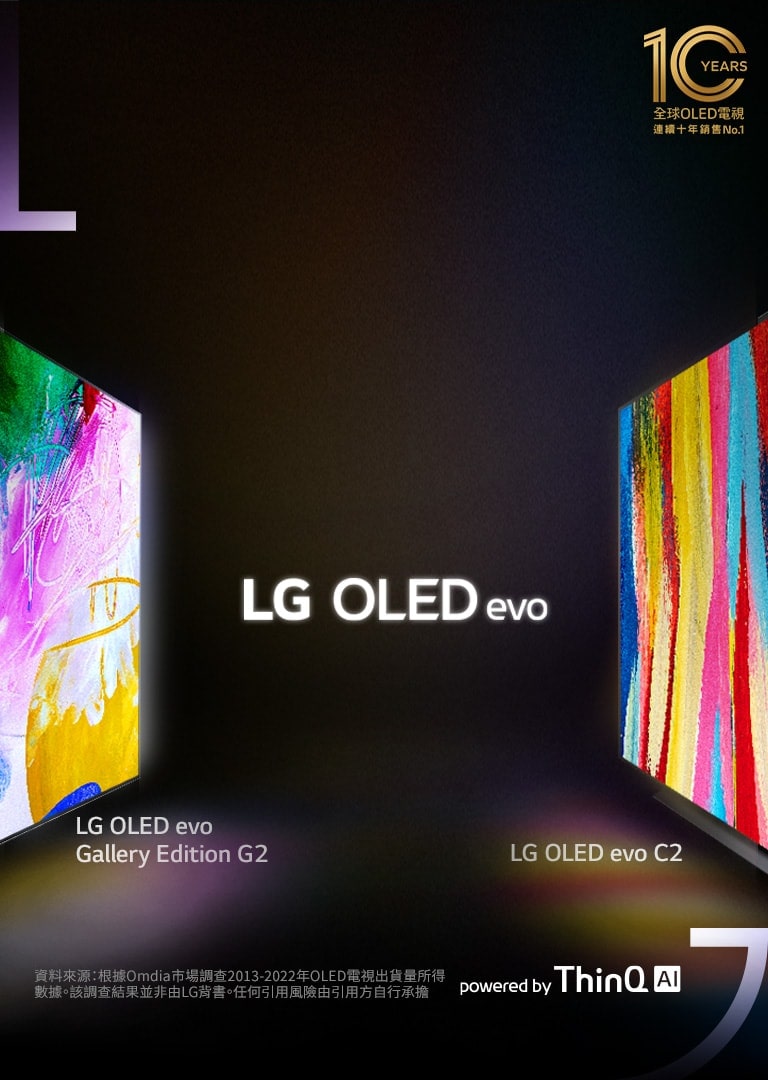 LG OLED C2 和 LG OLED G2 Gallery 版的側視圖，在黑暗的房間中相對擺放，螢幕上出現明亮多彩的藝術品。