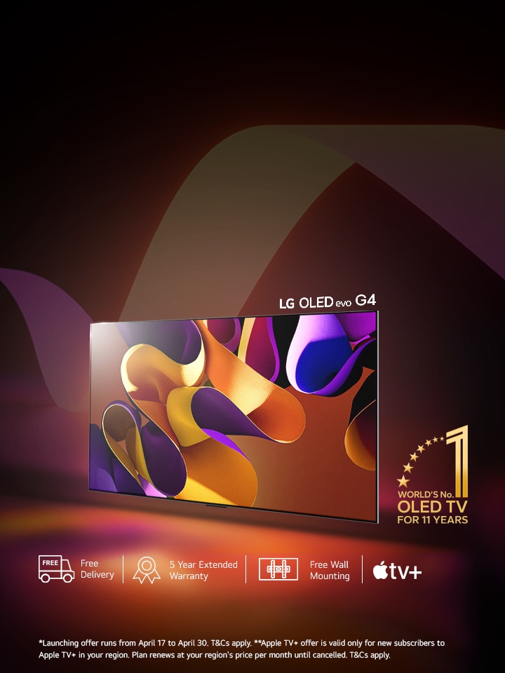 LG OLED G4 TV with abstract image on the screen and a World's number 1 for 11 years emblem. Four promotional icons are listed on the left size of the TV: free delivery, 5 year extended warranty, free wall mounting and Apple TV+ subscription offer logo. 