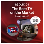 lg c4 tv in a babble with the Which? best buy logo above it and a large c4 tv in a lifestyle setting