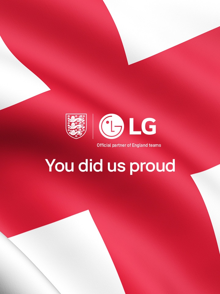 Rustling England flag with England football team badge and LG logo in centre and you did us proud underneath