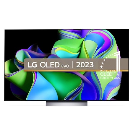 Front view with LG OLED evo, 10 Years World No.1 OLED Emblem, and 5-Year Panel Warranty logo on screen