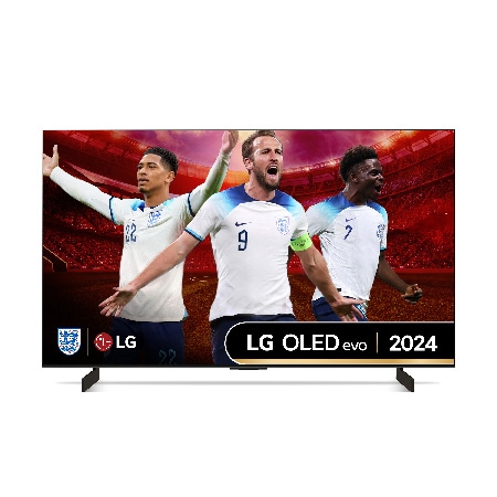 Front view of LG OLED evo OLED42C44LA TV with world’s number 1 OLED TV for 11 years emblem written in gold