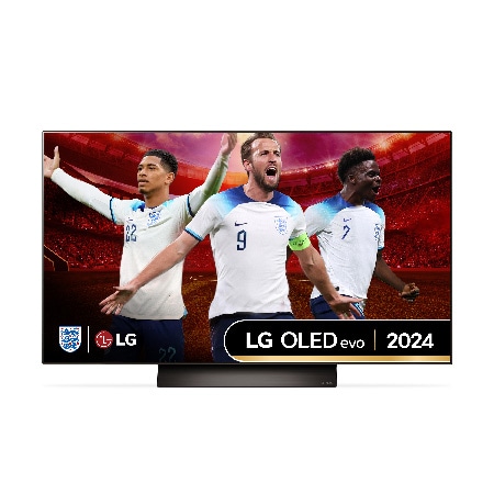 Front view of LG OLED evo OLED48C44LA TV with world’s number 1 OLED TV for 11 years emblem written in gold