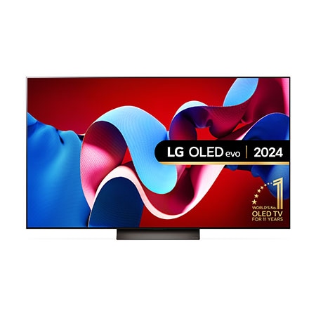 Front view of LG OLED evo OLED65C44LA TV with world’s number 1 OLED TV for 11 years emblem written in gold