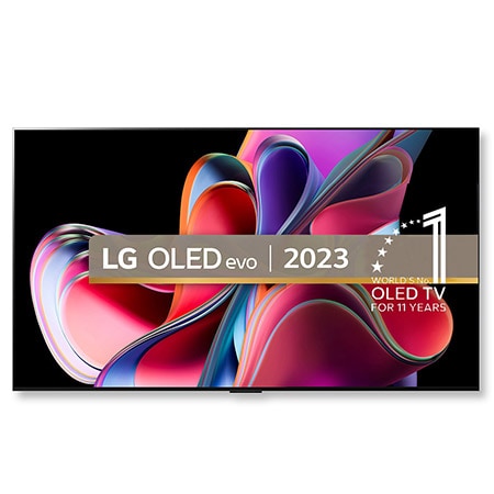 Front view with LG OLED evo, 10 Years World No.1 OLED Emblem, and 5-Year Panel Warranty logo on screen