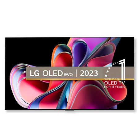 Front view with LG OLED evo, 10 Years World No.1 OLED Emblem, and 5-Year Panel Warranty logo on screen