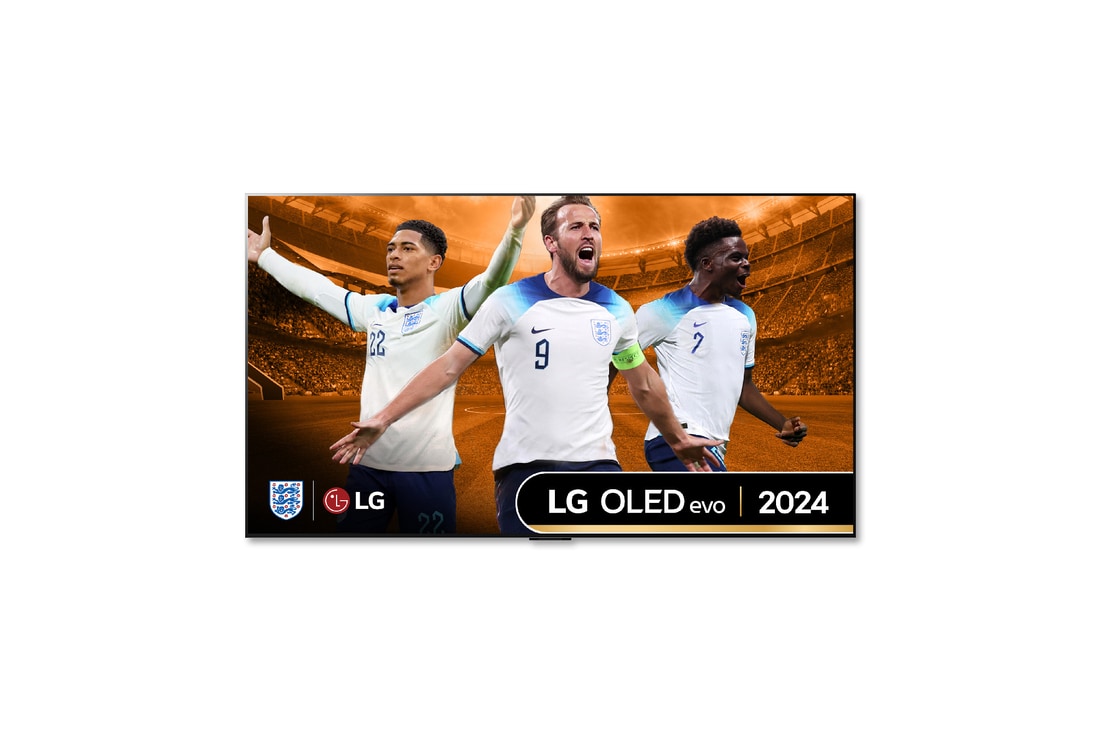 Front view with LG OLED TV, OLED G4, 11 Years of world number 1 OLED Emblem and webOS Re:New Program logo on screen with 2-pole stand