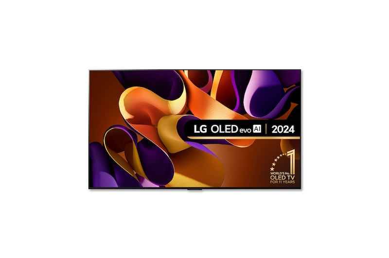 Front view with LG OLED TV, OLED G4, 11 Years of world number 1 OLED Emblem and webOS Re:New Program logo on screen with 2-pole stand