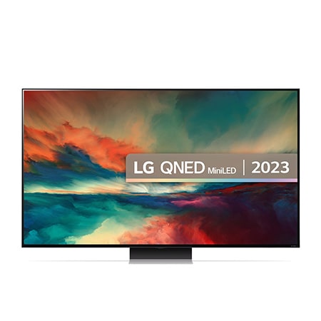 A front view of the LG QNED TV with infill image and product logo on