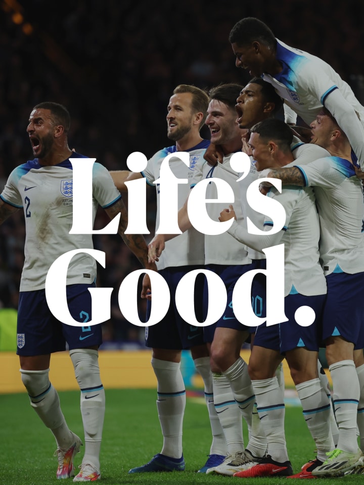 england team image in the bakcground celebrating a winning goal and an LG Life's Good. slogan over it