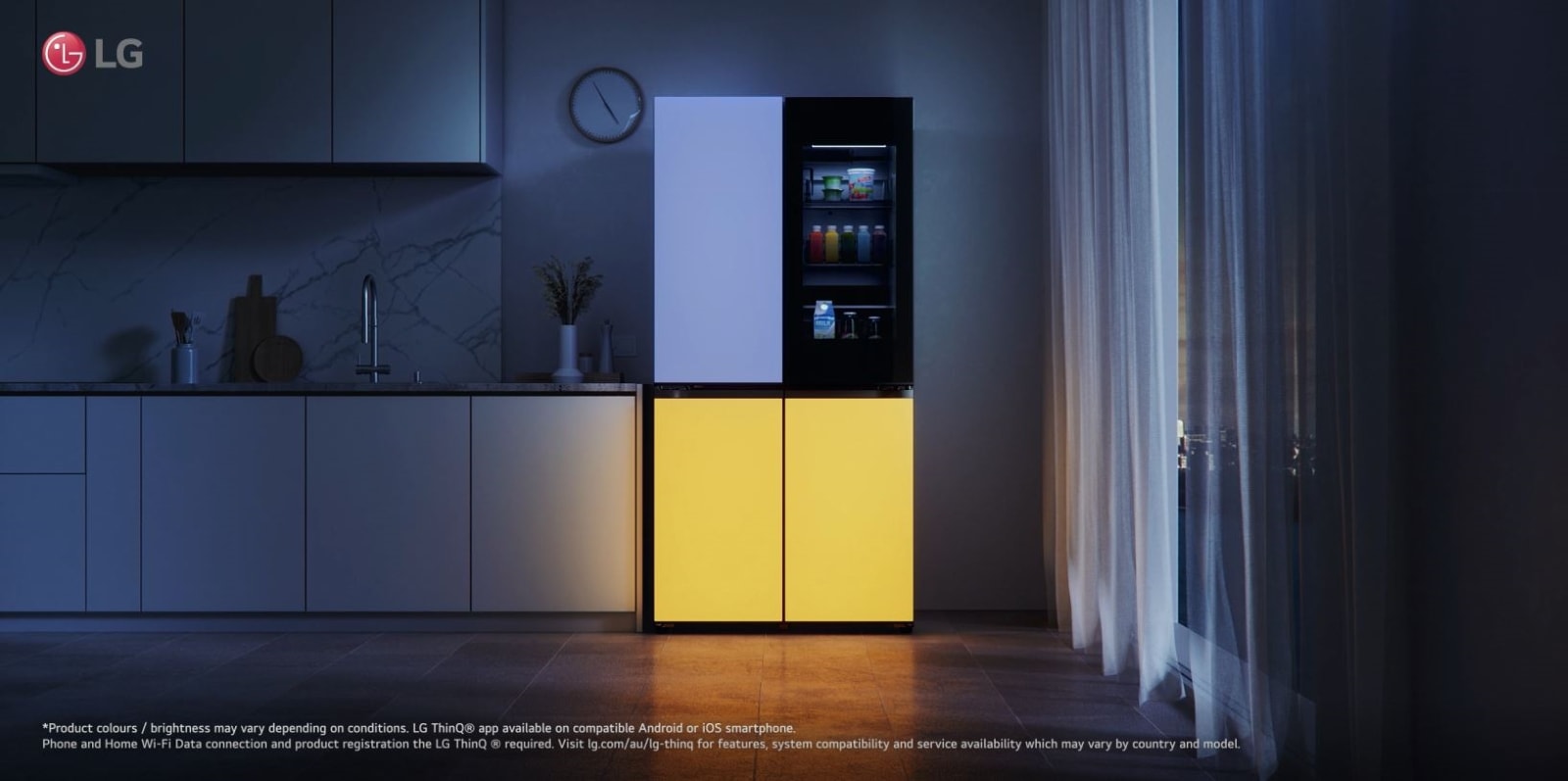 MoodUP fridge freezer lighting up a dark kitchen with a blue and yellow glow