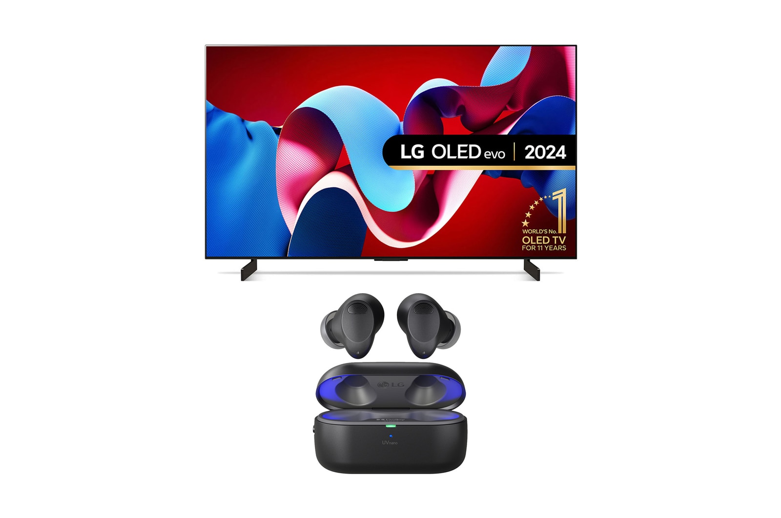 Front view with LG OLED TV, OLED G4, 11 Years of world number 1 OLED Emblem and webOS Re:New Program logo on screen with 2-pole stand