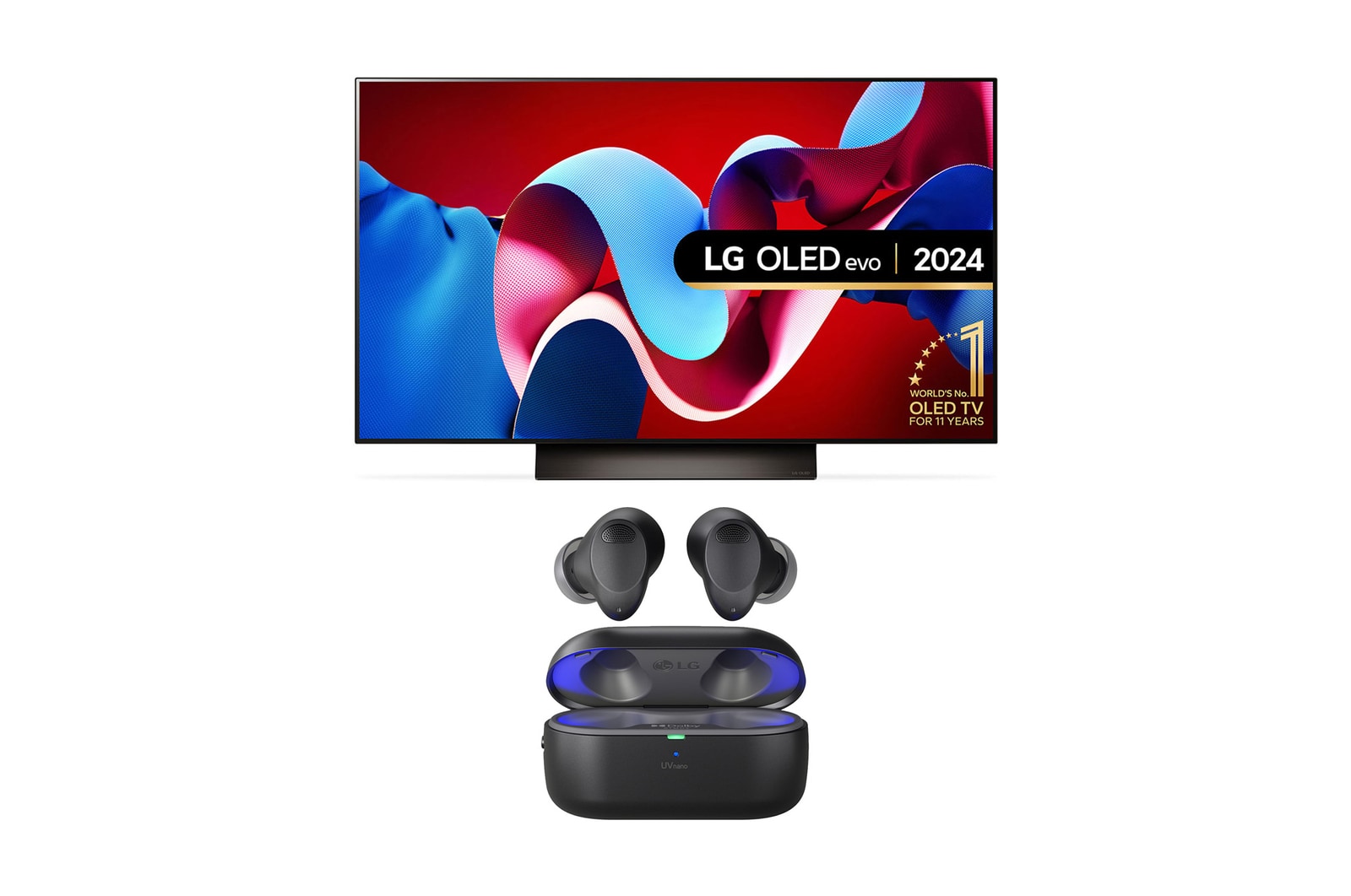 Front view with LG OLED TV, OLED G4, 11 Years of world number 1 OLED Emblem and webOS Re:New Program logo on screen with 2-pole stand