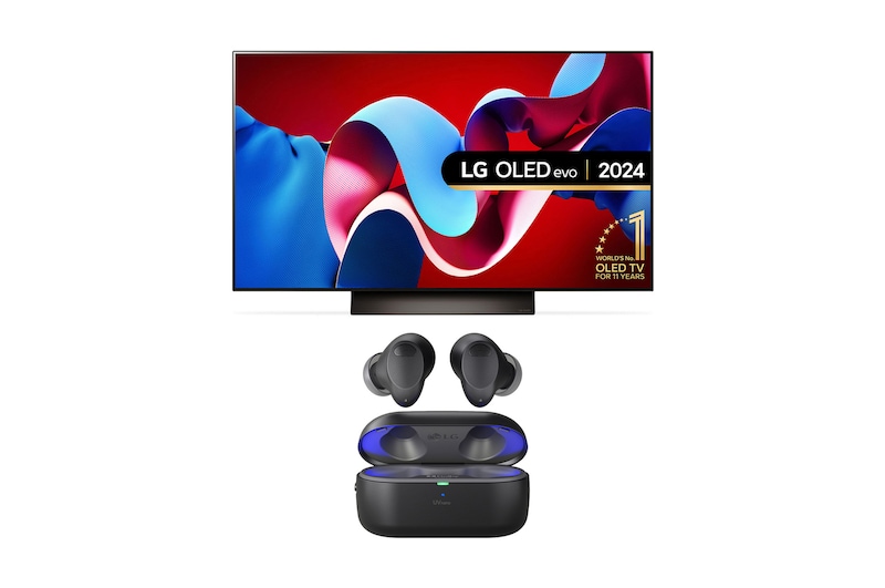 Front view with LG OLED TV, OLED G4, 11 Years of world number 1 OLED Emblem and webOS Re:New Program logo on screen with 2-pole stand