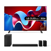 Front view with LG OLED TV, OLED G4, 11 Years of world number 1 OLED Emblem and webOS Re:New Program logo on screen with 2-pole stand