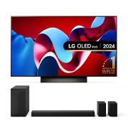 Front view with LG OLED TV, OLED G4, 11 Years of world number 1 OLED Emblem and webOS Re:New Program logo on screen with 2-pole stand